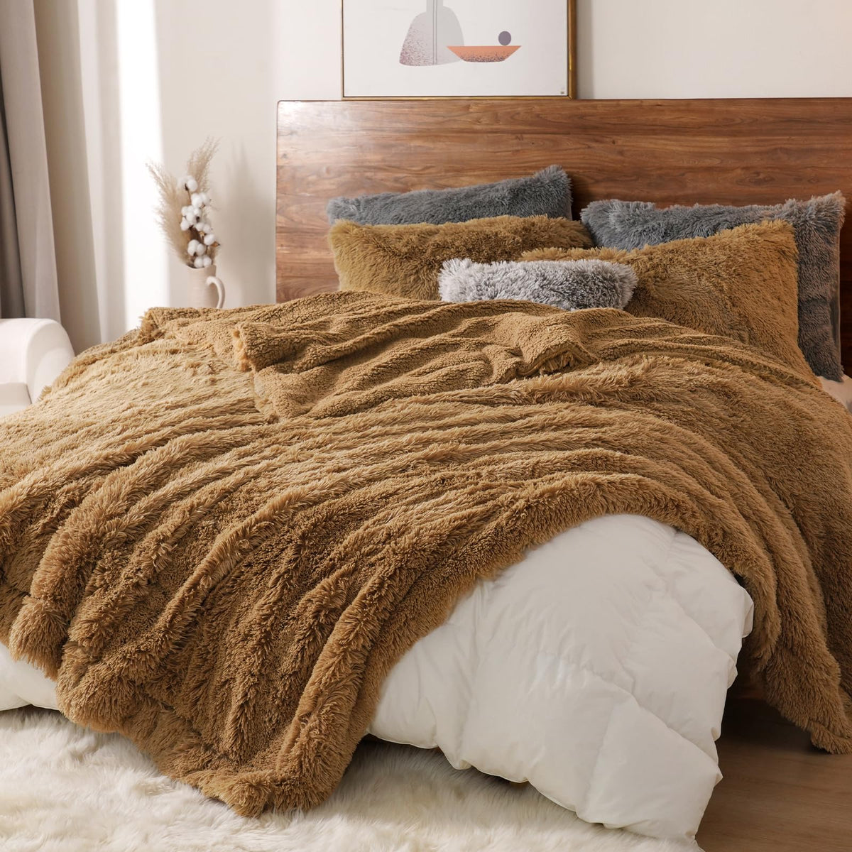 PHF Luxury Fuzzy Faux Fur Twin Blanket, Soft Shaggy Plush Comfy Blanket, Warm Thick Fluffy for Couch, Bed, Chair, Sofa, Furry Elegant Throw for Home Decor, Taupe, 60" x 80"