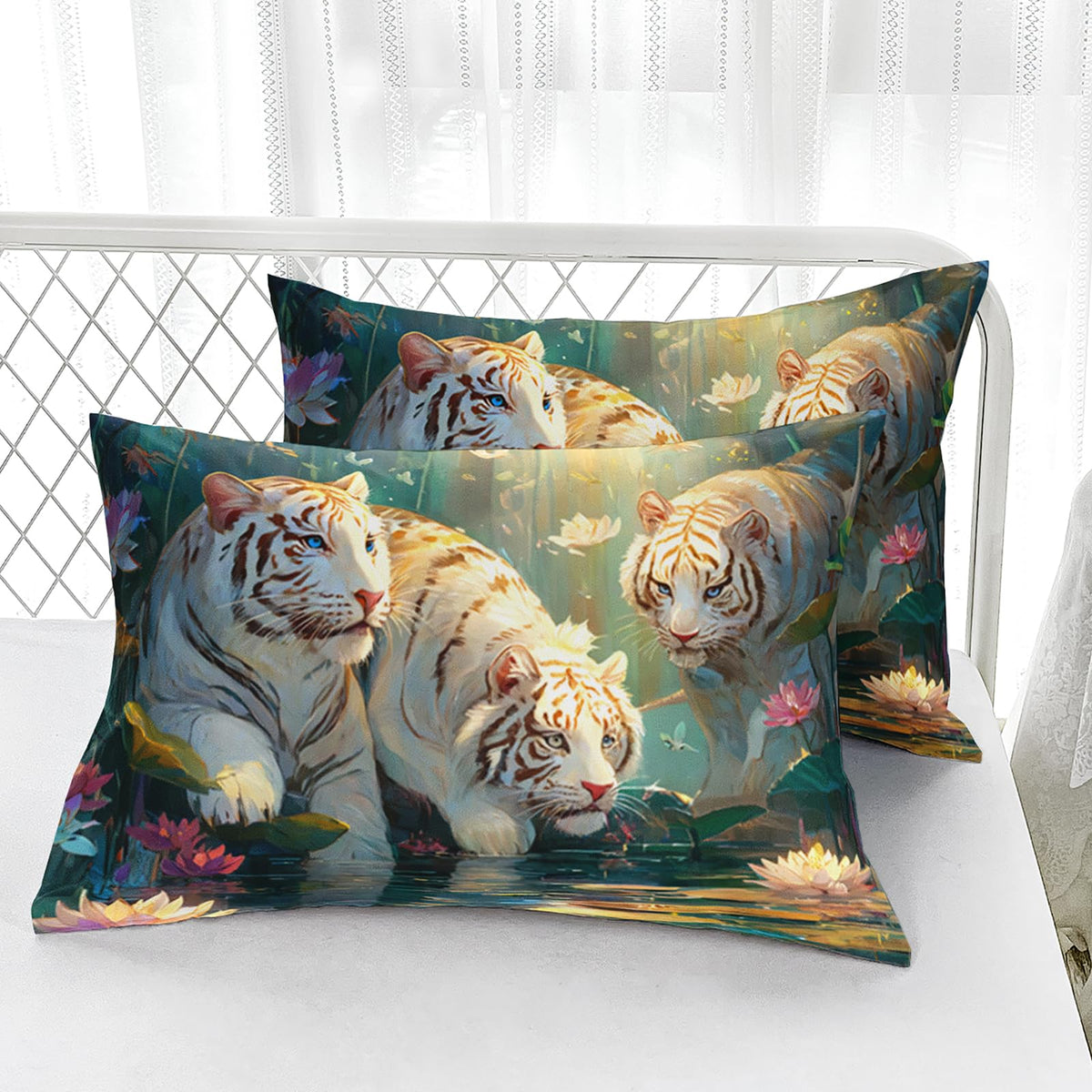 AILONEN White Tiger Twin Size Fitted Sheet Set,Cute Tiger & Pink Lotus Bedding Set for Kids Girls,3-Piece Beautiful Forest Floral Wildlife Fitted Sheet + 2 Pillowcases