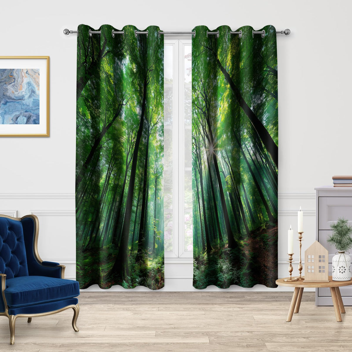 Jekeno Forest Blackout Curtains 84 Inch Length Deep Green Tall Trees Landscape Print Room Darkening Grommet Drapes for Living Room Bedroom Woodland Cabin 2 Panels Set (52x84 Inch)
