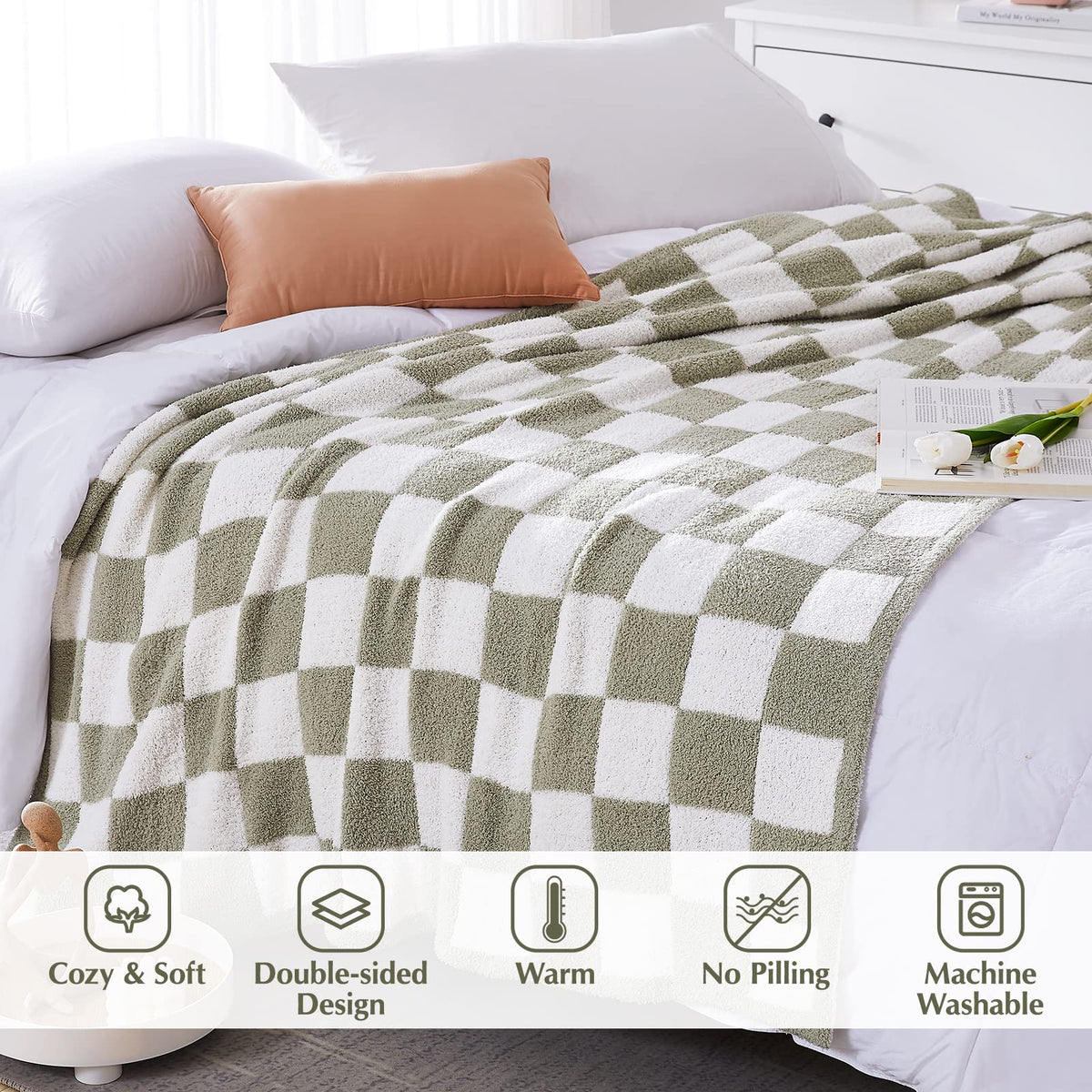 WRENSONGE Checkered Throw Blanket, Sage Green Soft Cozy Fluffy Hand Made Throw Blankets for Couch, Sofa, Chair, Bed, Camping, Picnic, Travel Lightweight Bed Blankets for Women Mothers Birthday Gifts