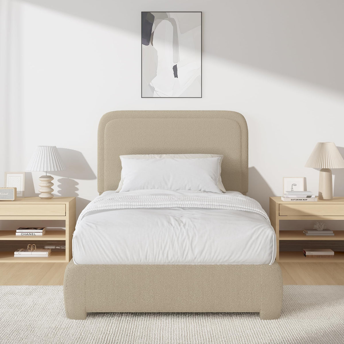 BarnFurin Twin Bed Frames with Headboard,Cloud Boucle Upholstered Platform Bed, Soft Rounded Corners, No Box Spring Needed, Non-Slip and Noise-Free, Easy Assembly, Beige