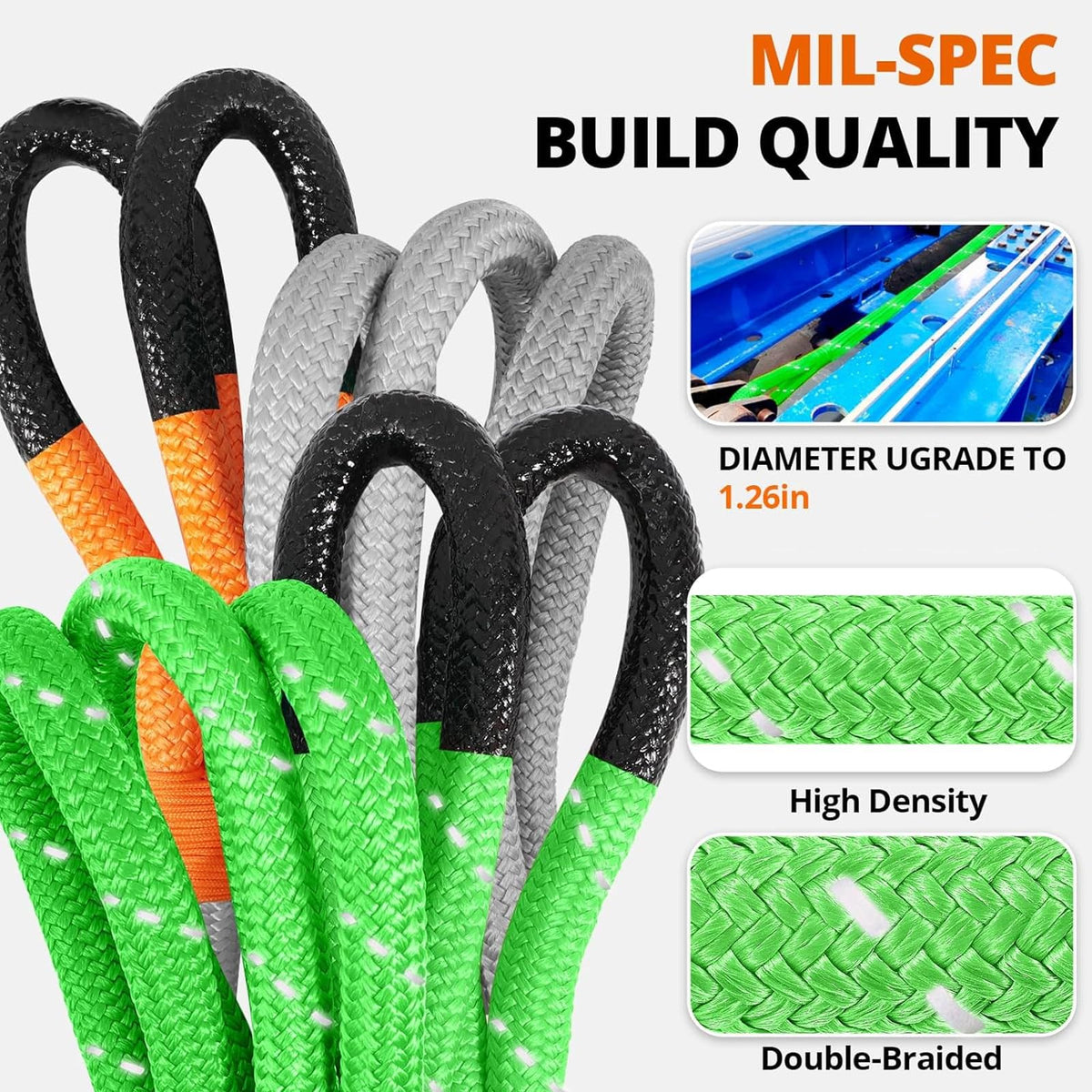 Kinetic Recovery Tow Rope: 1.26" x 30ft Reflective Snatch Strap with Soft Shackles Heavy Duty Offroad Towing Straps Kit for Trucks SUV UTV ATV Tractor Car Jeep - Neon Green