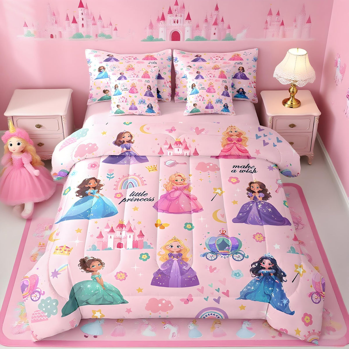 jejeloiu Kids 7 Piece Princess Bedding Set Twin Size Pink Castle Bed Set Includes Comforter, Sheet Set, Pillowcases & Pillow Covers Bedroom Decor Fairy Dreamy Bed in a Bag Breathable Soft