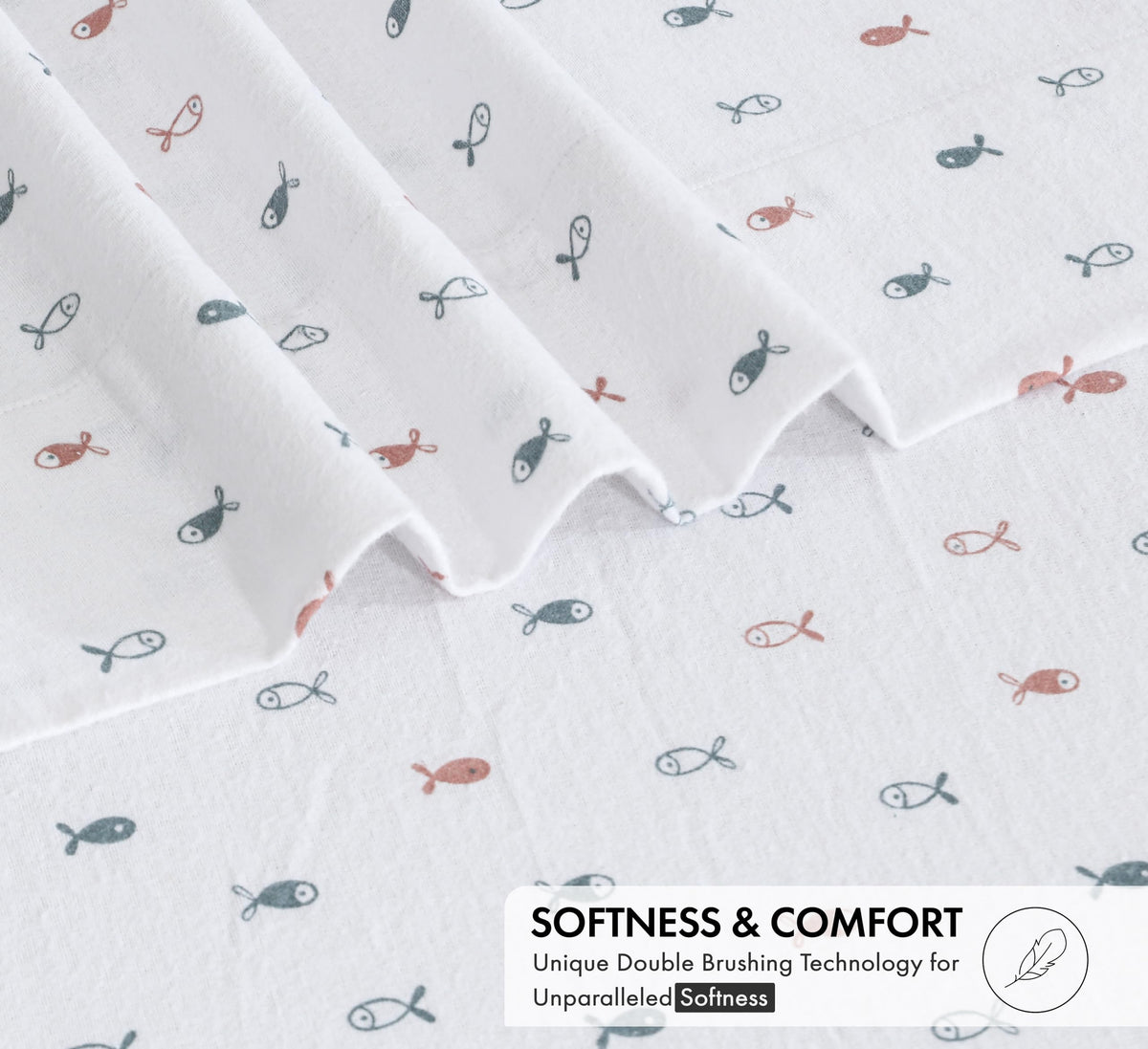RUVANTI Flannel Sheets Queen Size - 100% Cotton Double Brushed Bed Sheets, Deep Pockets 16 Inches Queen Sheet Set, All Seasons Breathable & Extra Soft - Warm & Cozy, 4 Piece, Little Swimmers