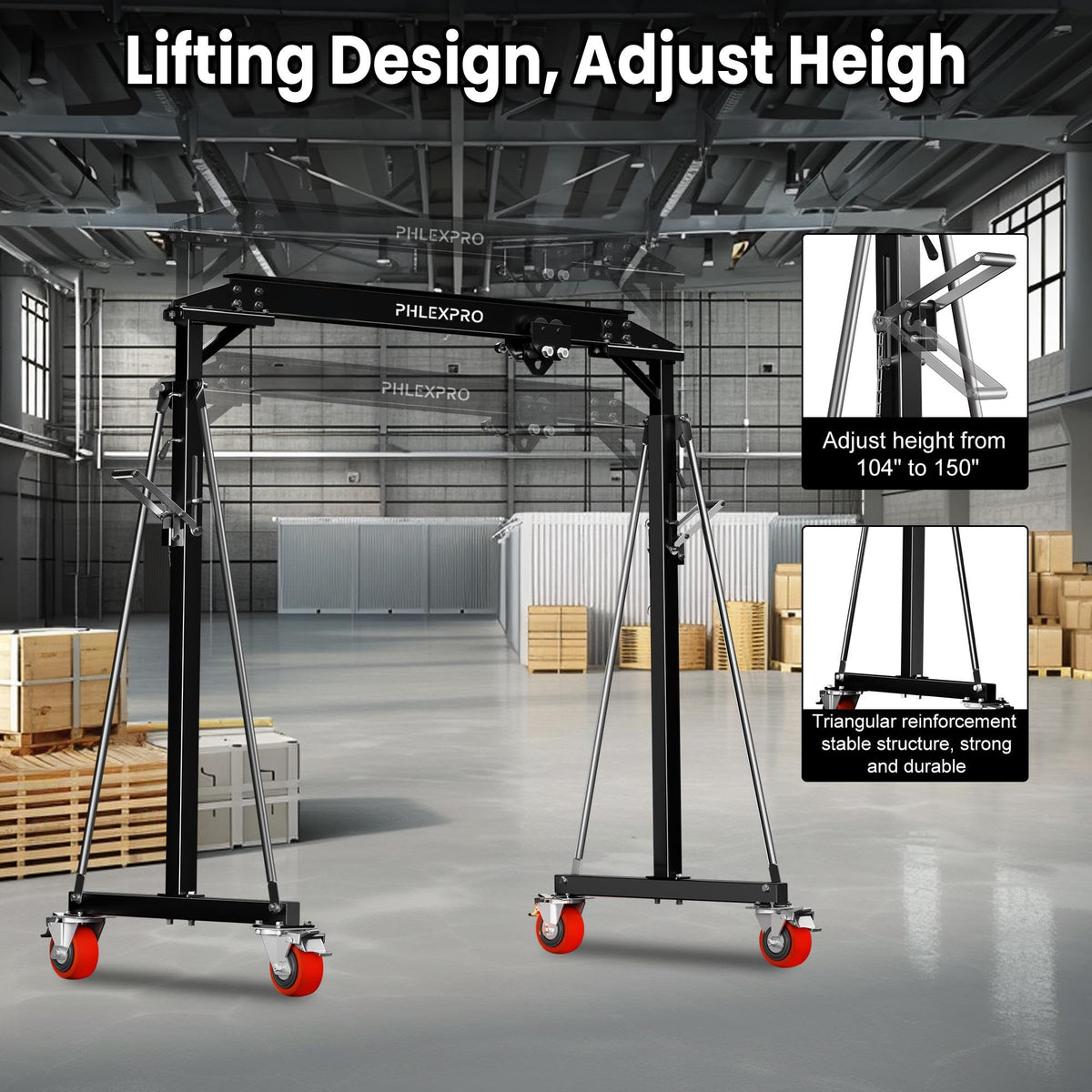 1 Ton Gantry Crane - MAX3000Lbs Portable Hoist Frame with Steel I-Beam Construction, Adjustable Height 8.57-12.50ft, Lifting Gantry for Factories, Garage, Auto Repair, Construction Site, Black