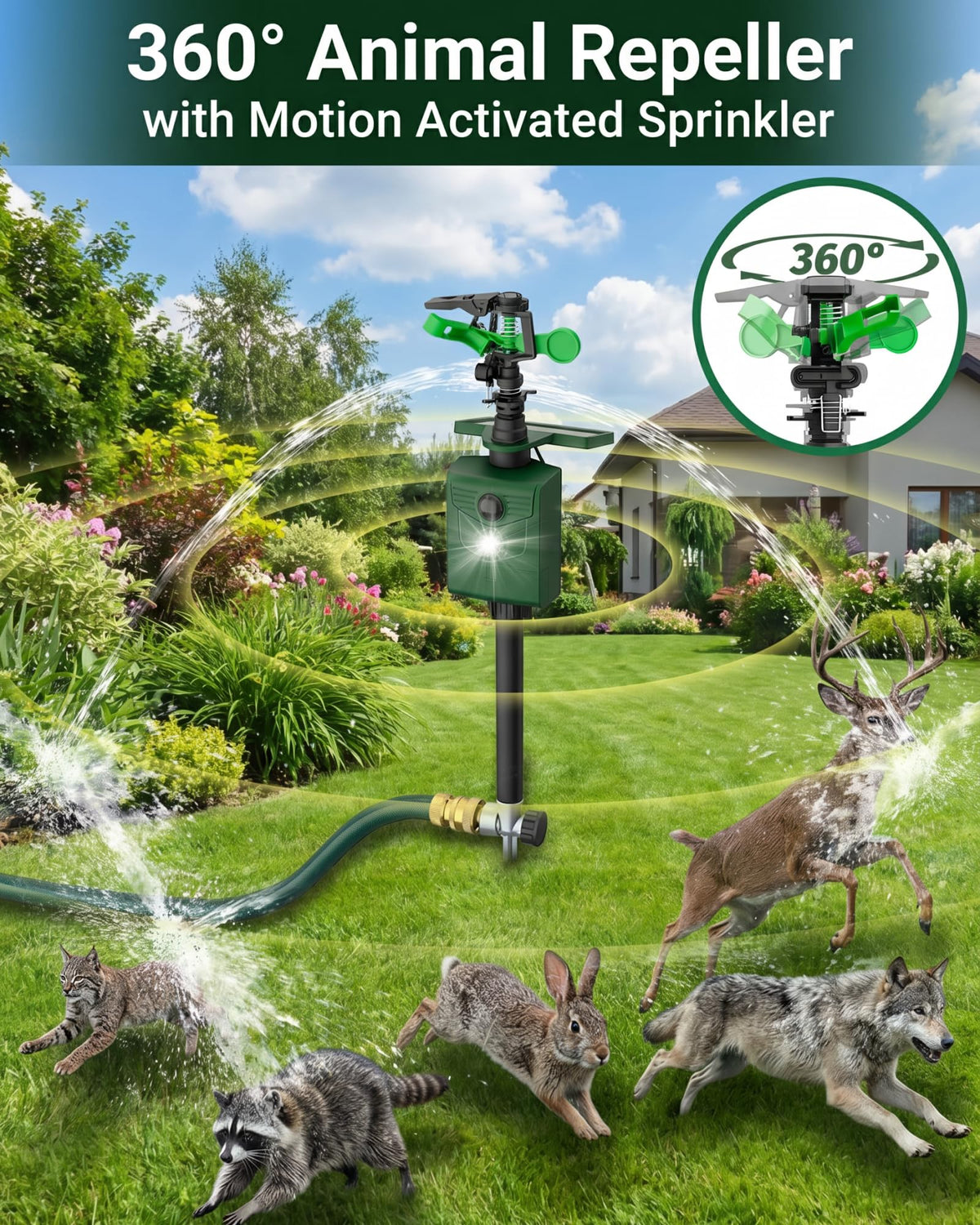 Peepst Motion-Activated Sprinkler, Solar Animal Repellent Outdoor - 2 Packs Deer Cat Deterrent with Motion Sensor & Flashing Lights, Protects Yard & Garden from Deer, Cats, Raccoons