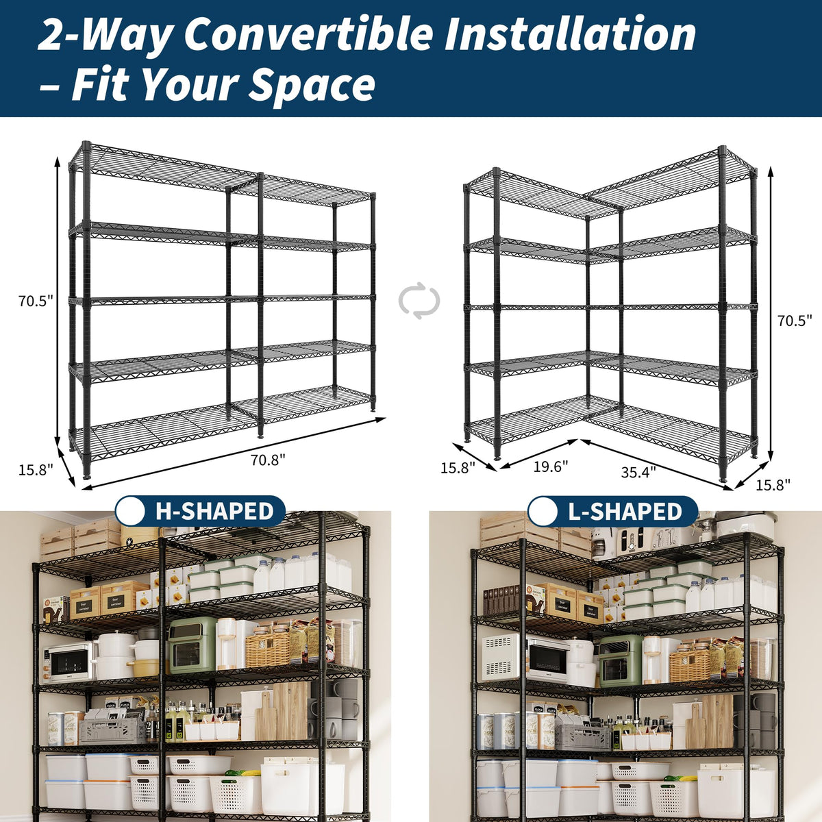 MilleLoom 5-Tier Metal Storage Shelves, Heavy Duty Wire Rack Shelving Unit for Garage Kitchen Storage, 15.7"D x 71"W x 70.5"H Adjustable Shelf for Basement & Pantry Room Organization, Easy Assembly