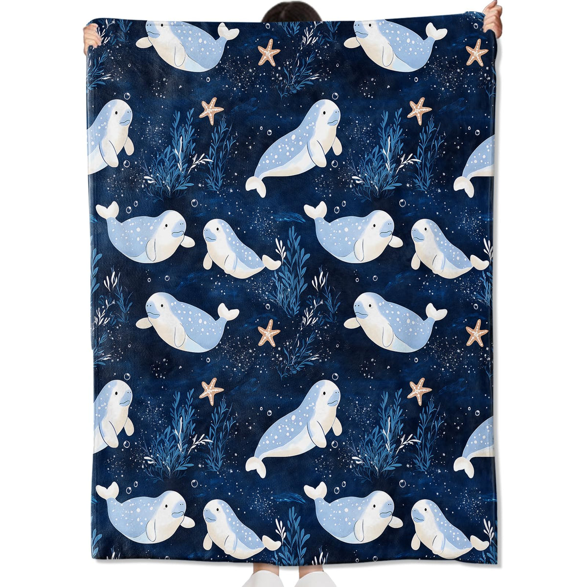 amepay Cartoon Manatee Blanket Gifts for Kids Girls Women,Cute Ocean-Themed Navy Blue and White Throw Blankets,Soft Comfy Lightweight for Room Couch Bed Modern Stylish Decor,Sea Life Lover 60x50in