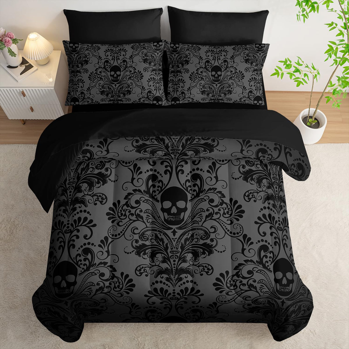 Tuzaovy Black Skull Comforter Set 7 Piece Twin Size Bed in A Bag,Goth Bedding for Room Decor,Soft Western Comforter Boho Hippie Bedding with Fitted Sheet,Flat Sheet, Pillowcases & Shams