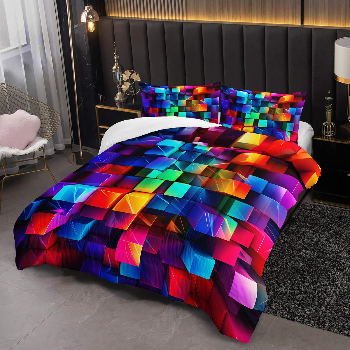 lneffble Colorful Checkered Comforter Set Full，3D Checkered Chic Gingham Bedding Set Full with 1 Comforter with 2 Pillow Case
