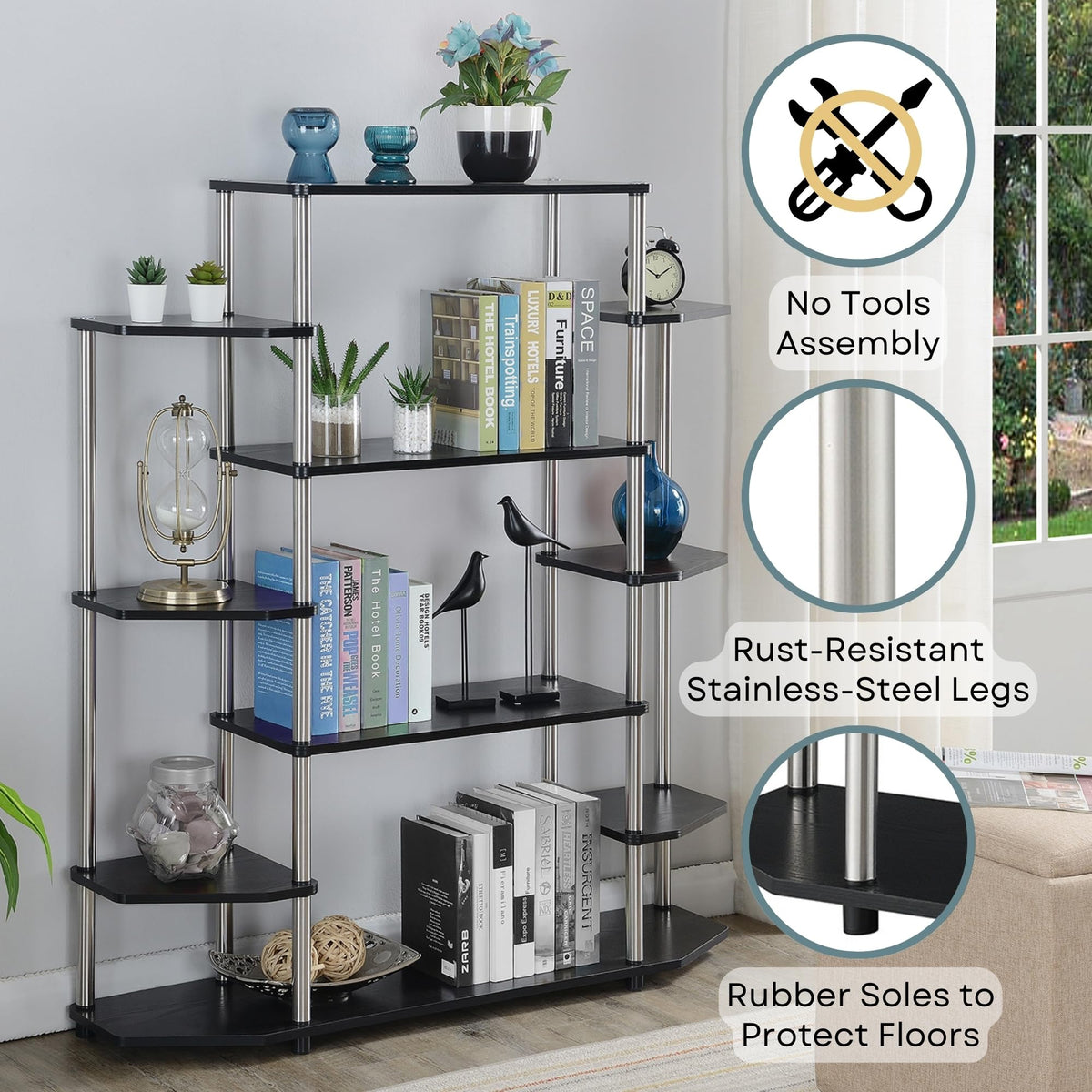 Convenience Concepts Designs2Go No Tools Wall Unit Bookshelf 47.25" - Contemporary Storage Shelves for Display, 10 Spacious Shelves for Modern Living Room, Office, Den, Black