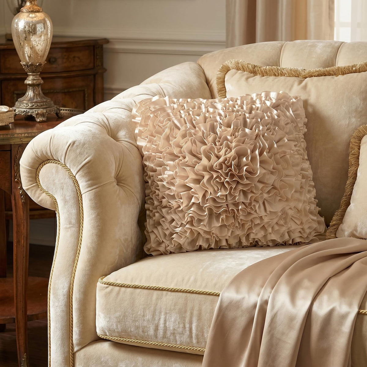 Bella's Giftshop Beige Taupe Ruffle Decorative Throw Pillow Covers 18x18 Inch for Bed Sofa Couch, Handmade 3D Faux Silk Accent Pillow case, Boho Living Room Decor