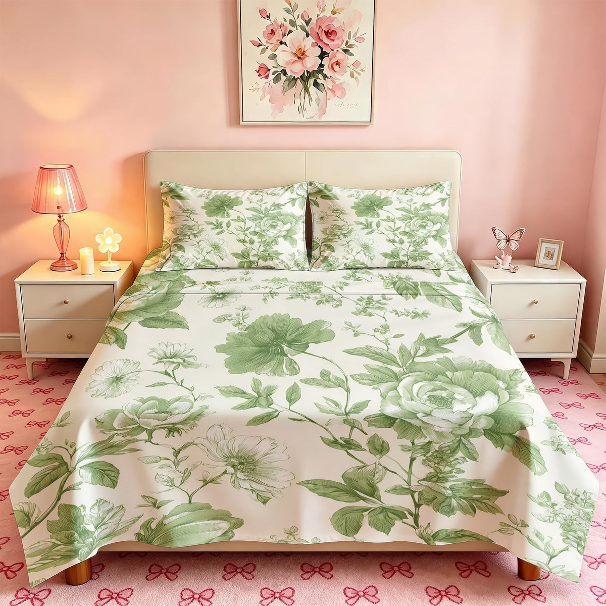 Green Floral California King Bedding Set Farmhouse Botanical Sheet Sets