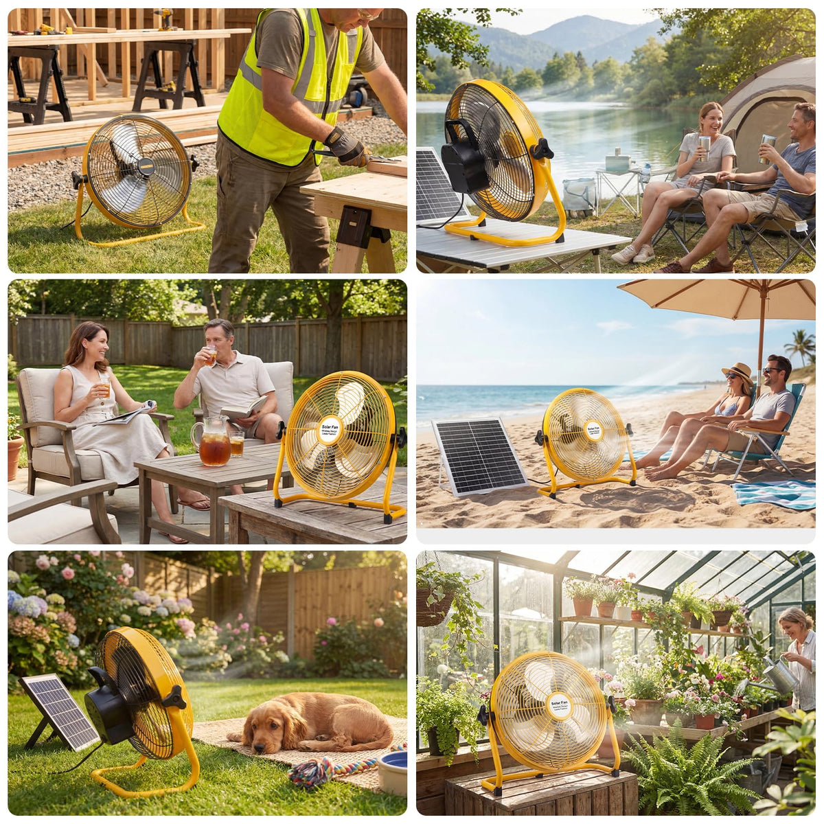 12'' Solar Powered Floor Fan Rechargeable, Long Lasting Portable Battery Operated Floor Fans with 12 Speeds, 20W Panel & AC Charging, 360° Tilt for Outdoor Camping, Chicken Coop, Garage (Yellow)