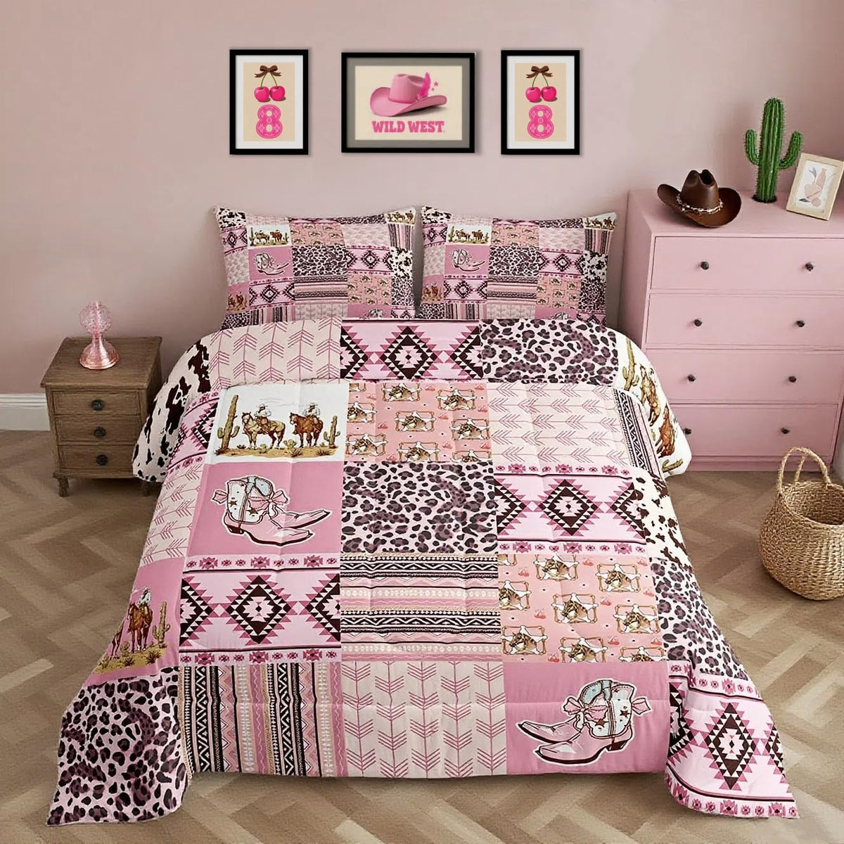 Feelyou Pink Aztec Bedding Set Queen Size, Kids Western Decor Comforter Set Wild West Cowboy Cowgirl Comforter Boho Style Duvet Insert Bed Set 3Pcs