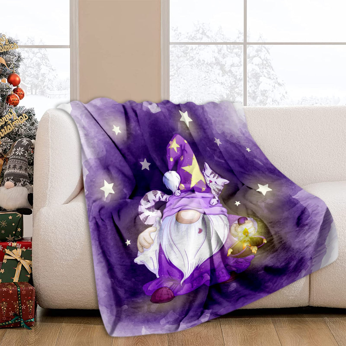 JOOCAR Flannel Bed Blanket Cartoon Sleepy Gnome Purple Cozy&Soft Plush Blankets for Bed Couch Living Room Sofa Chair, 60x80 Inch