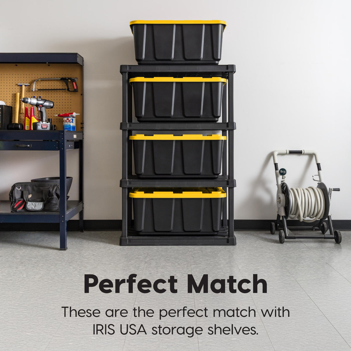 IRIS USA 4-Pack 27 Gallon Storage Bins with Lids |Made in USA| Heavy Duty Plastic Tote Containers for Truckbed Tool Box Organization, Large - Black/Yellow