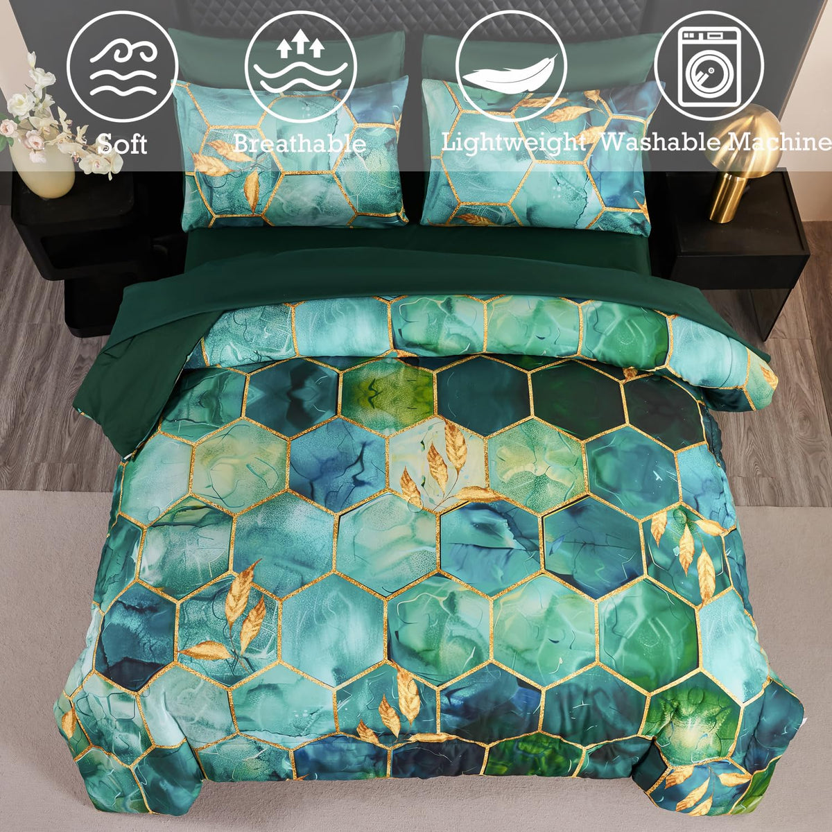 ANGIYUIN 7 Pieces Turquoise Gold Marble Comforter Set Queen Watercolor Printed Bedding Comforter Set Luxury Gold Trim Bed Set Hexagon Honeycomb Bed in A Bag with Sheets(Queen Teal Green)
