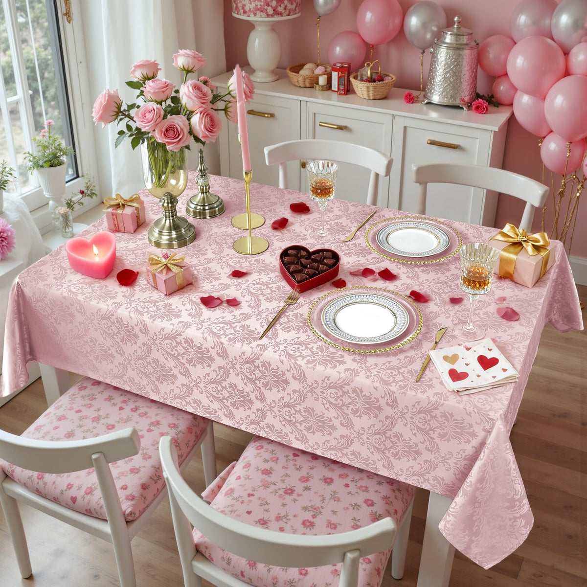SASTYBALE Pink Jacquard Damask Rectangular Tablecloth 60 x 84 Inch
