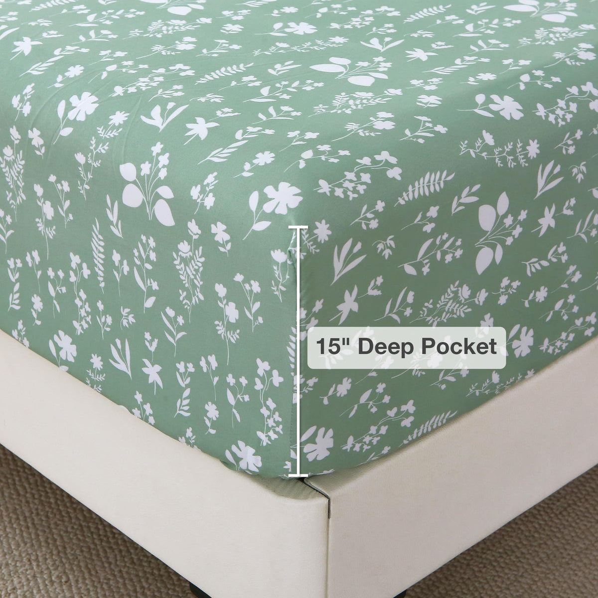 Viviland Sage Green Twin Sheet Set - 4 Piece Vintage Green Flower Patterned Bed Sheets - Soft, Breathable Microfiber Floral Sheets with Deep Pocket, Non-Slip Fitted Sheets & Pillowcases