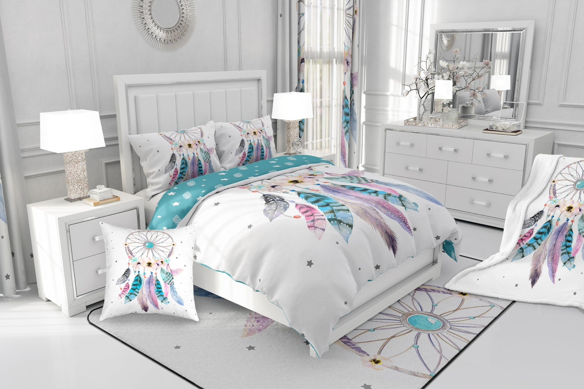 Erosebridal 100% Cotton Dream Catcher Bedding Sets Twin Girls Floral Flower Duvet Cover Cherry Blossom Comforter Cover Women Aztec Tribal Quilt Cover,Bohemian Feather Star Room Decor 1 Pillowcase