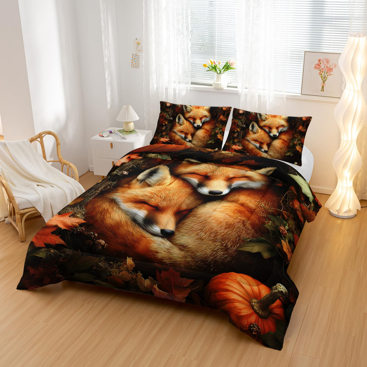 Nttopship Fox Comforter Set 3-Pieces Full Size,Cute Foxes Bedding Set for Kids Boys Girls Cute Animal Comforter Wildlife Quilt Set 3D Animal Plants Leaves Printed ThemeComforter with 2 Pillowcases