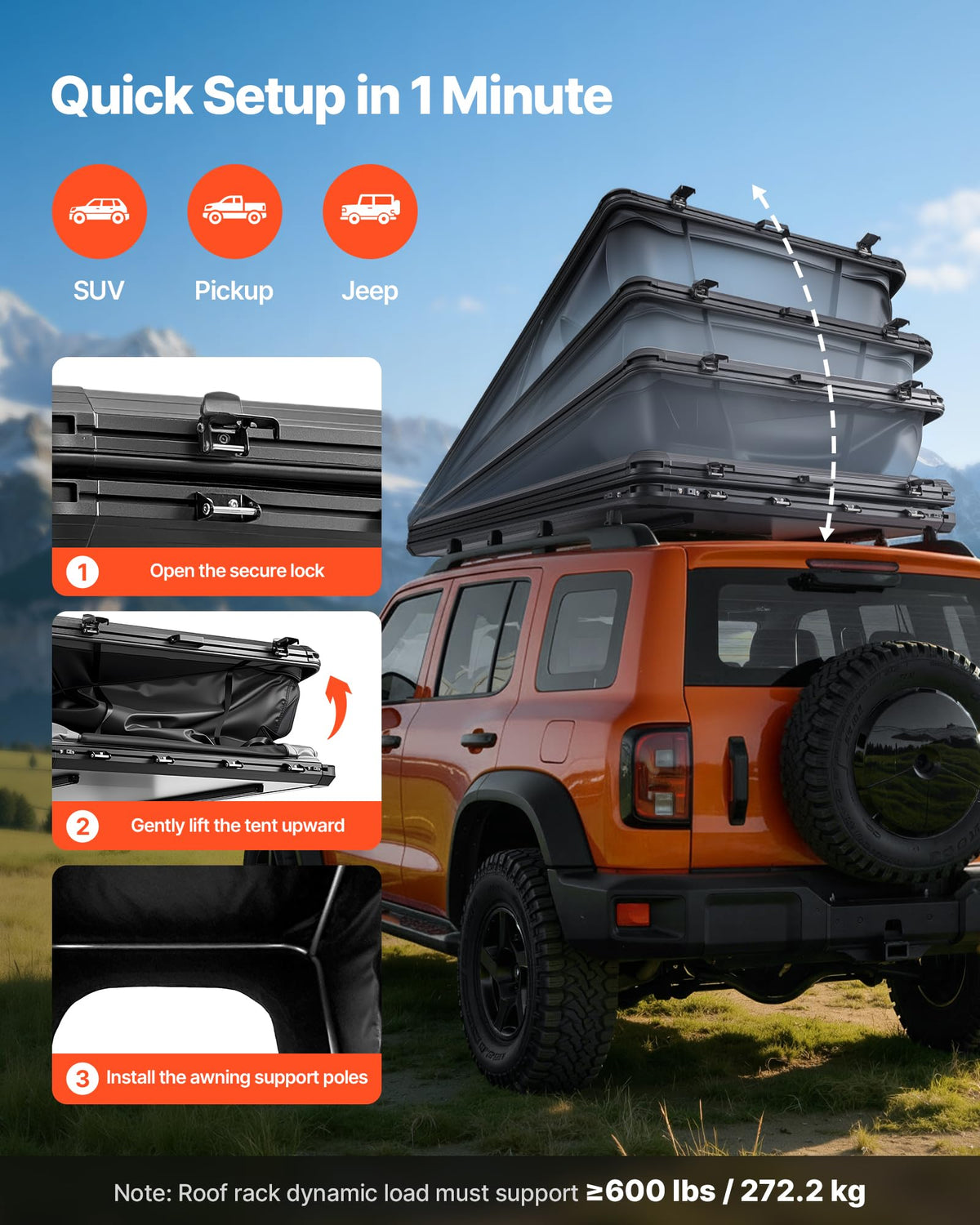 VEVOR Rooftop Tent Hard Shell, 2-3 Person Aluminum Roof Top Tent Hardshell with Tri-Color LED Light, Thick Mattress & 1 Window, Waterproof Windproof Overland Camping Car Roof Rack for Jeep SUV Pickup