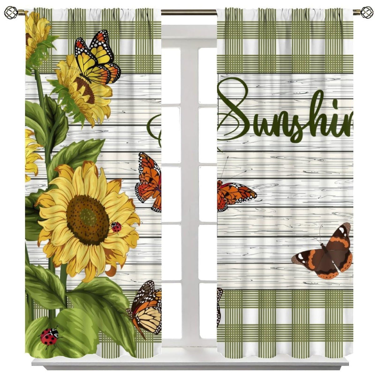Spring Sunflower Curtains Rustic Plant Helianthus Yellow Flower Butterfly Pattern Rod Pocket Window Treatments for Girls Kids Bedroom Kitchen Living Room 2 Panel Set 41" x 45" (No Blackout)