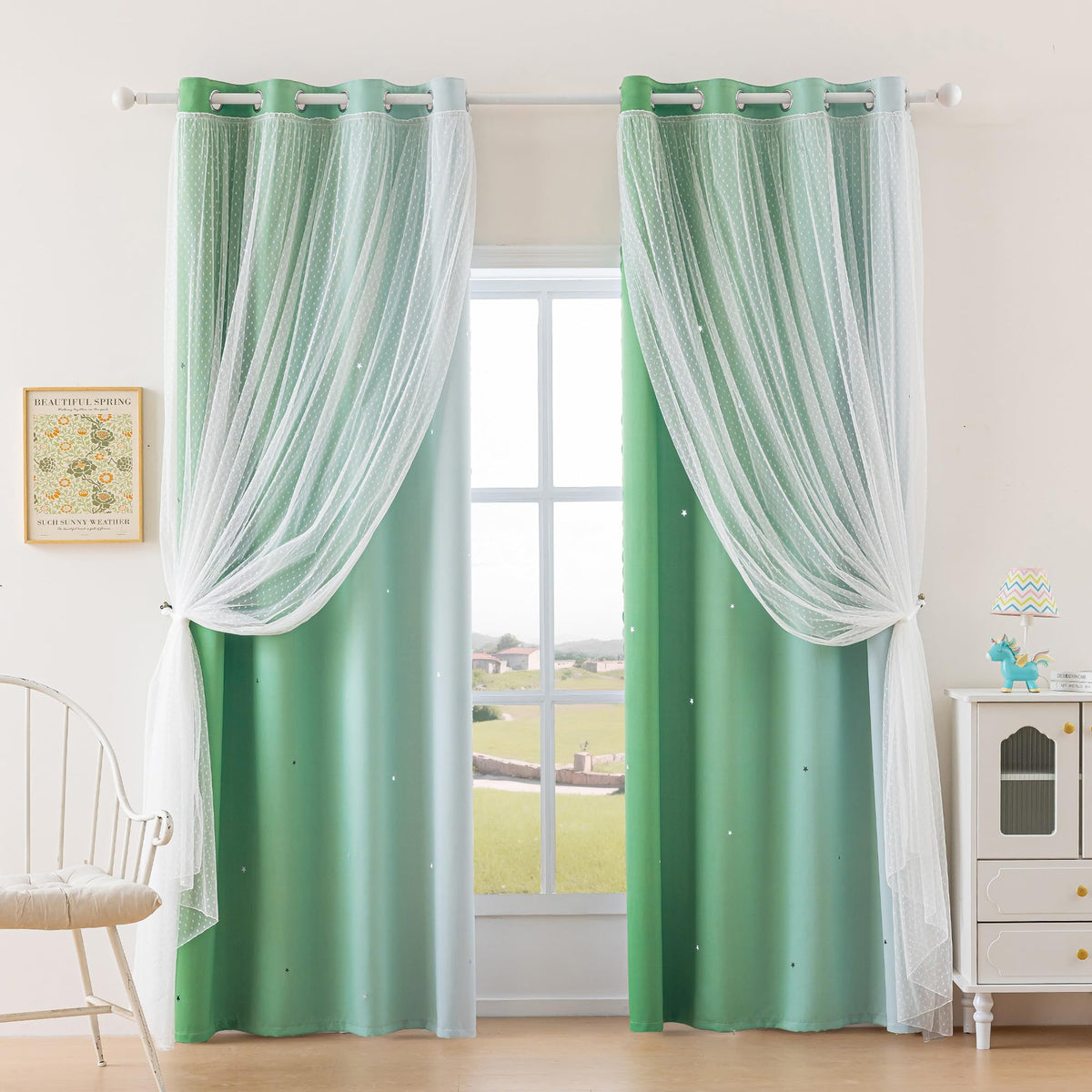 MYSKY HOME Kids Green Blackout Curtains for Boys Bedroom Decor Living Room, Hollow-Out Stars Thermal Insulated Grommet Ombre Curtain for Nursery Room, W34 X L90 Inches Long, 2 Panels