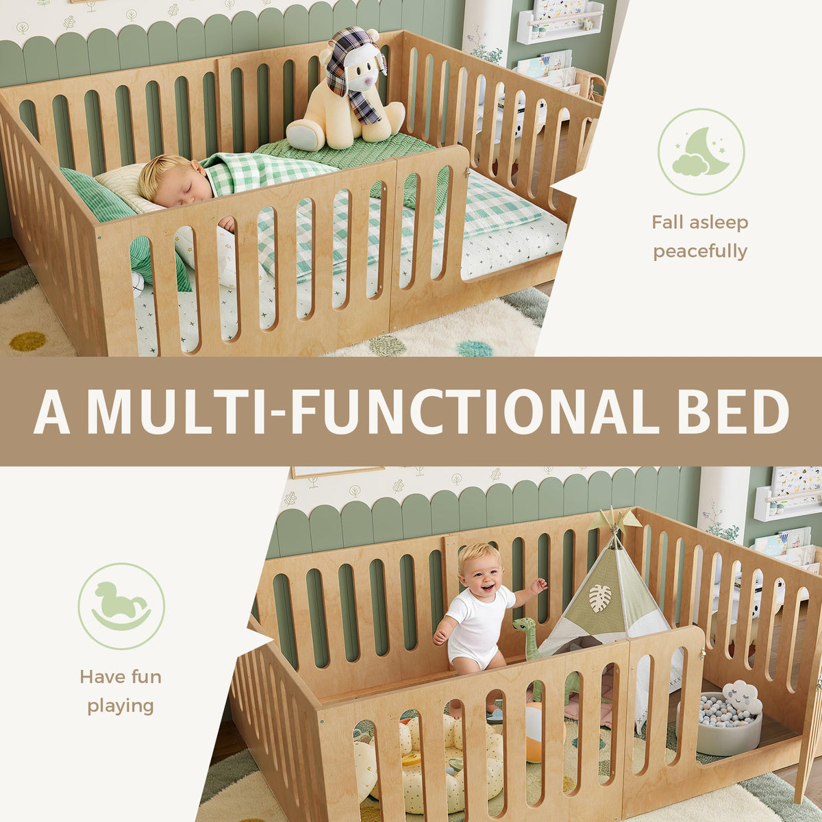 KEIKI Full Size Wood Montessori Floor Bed Frame with Door, for Girls and Boys, Modern Style Low-Profile Design Floor Bed with High Fence, Easy Assembly, No Box Spring Required, for Bedroom, Natural