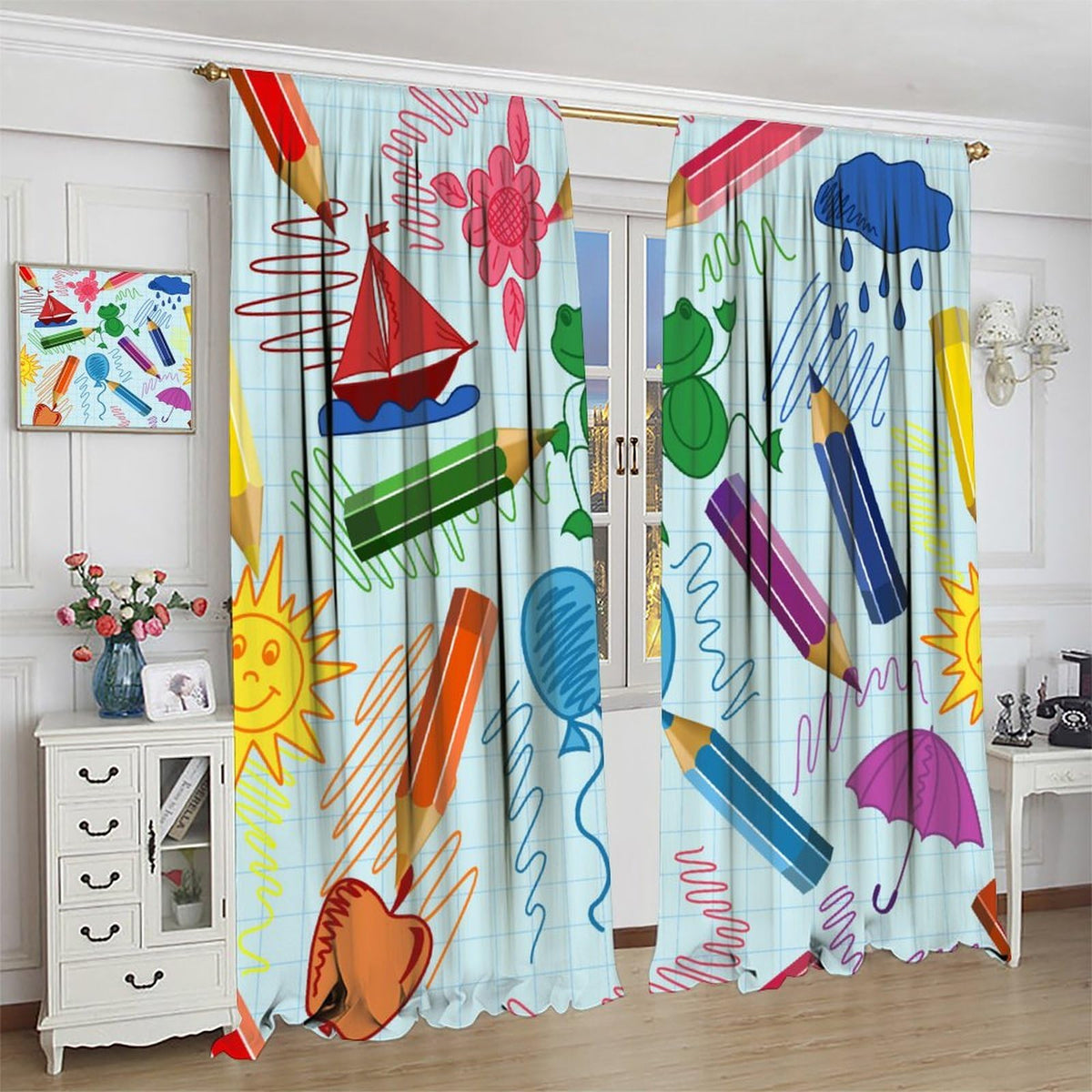 AAVEUP Scientific Creativity Curtain for Kids Bedroom,Cartoon Education Learning Science Atom Robot Pencil Good Idea Window Drapes Print for Boys Nursery Children Toddler Bedroom 42x45in（No Blackout）