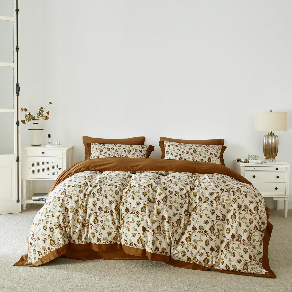 YuHeGuoJi Burnt Orange Flower Duvet Cover Queen 100% Cotton 3 Pcs Set 1 Caramel Botanical Duvet Cover with Zipper Ties 2 Pillow Shams Decorative Brown Beige Floral Paisley Wide Trim Bedding Set