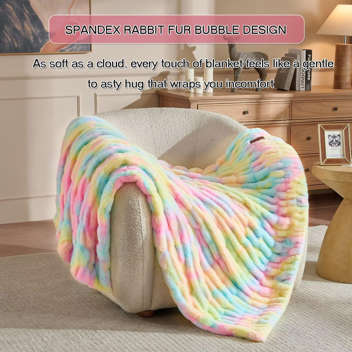 Double Side Faux Fur Throw Blanket,Cozy Soft Fuzzy Fluffy Faux Rabbit Fur Blanket for Couch, Bed, Sofa,Room Decor-Rainbow,50x60 inch