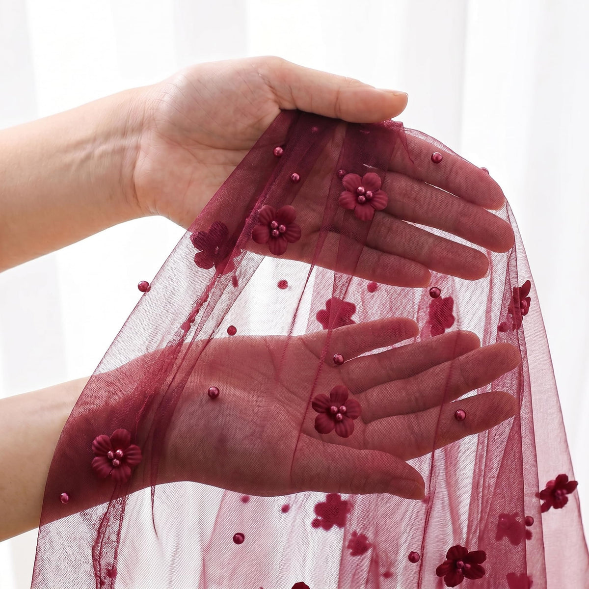 Horaldaily Burgundy Flower Pearl Burgundy Gauze Table Cloth 60×84 Inch Rectangular, Seasonal Sheer Tulle Cheesecloth, Bridal Shower Table Cover for Wedding Birthday Table Decor