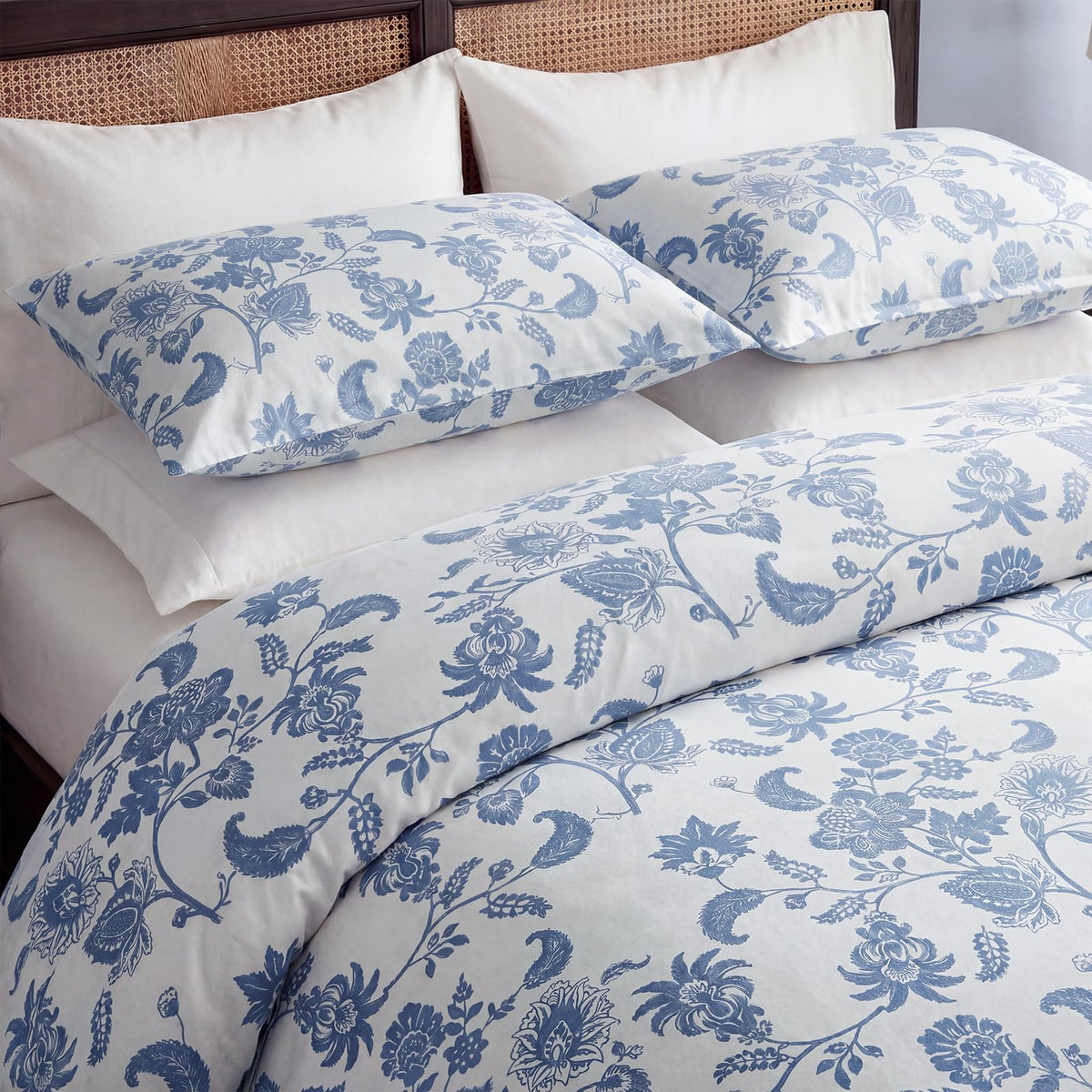 Bedorm 100% Cotton Duvet Cover Set King Floral Bedding Set Blue and White Paisley Flowers Print Boho Bedroom Decor Soft & Breathable Duvet Cover with Zipper Closure