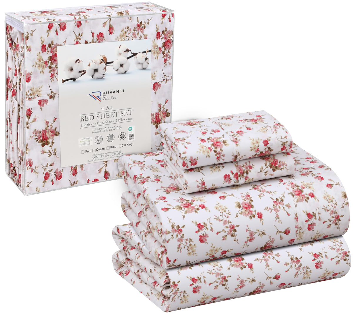 RUVANTI 100% Cotton Percale Sheets Queen Size, Bouquet