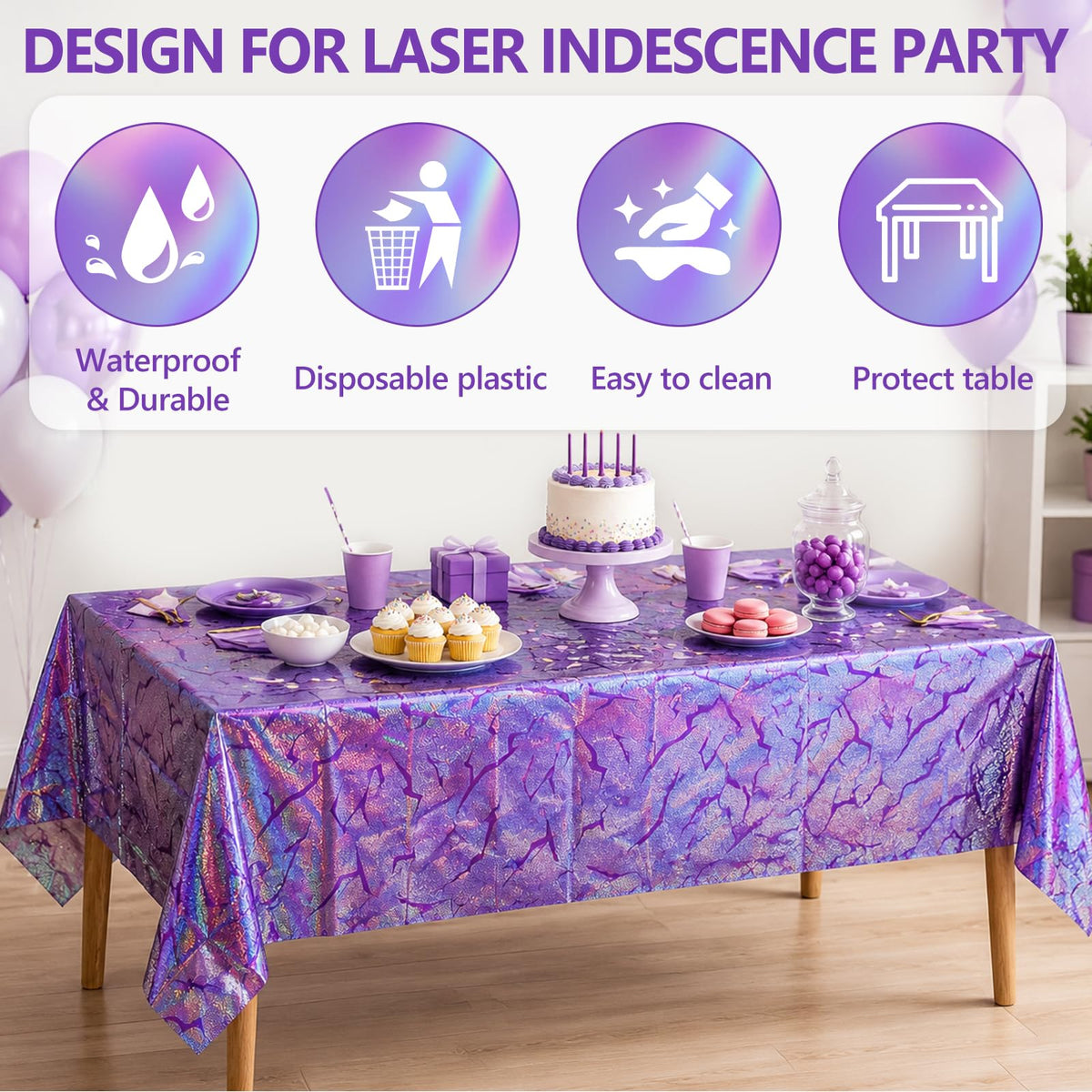 2 Pack K-Style Purple Birthday Decorations, 54x108 Inch Iridescent Holographic Laser Tablecloth Purple Lightning Pattern Disposable Waterproof Plastic Table Covers for Kids Girl Disco Halloween Party