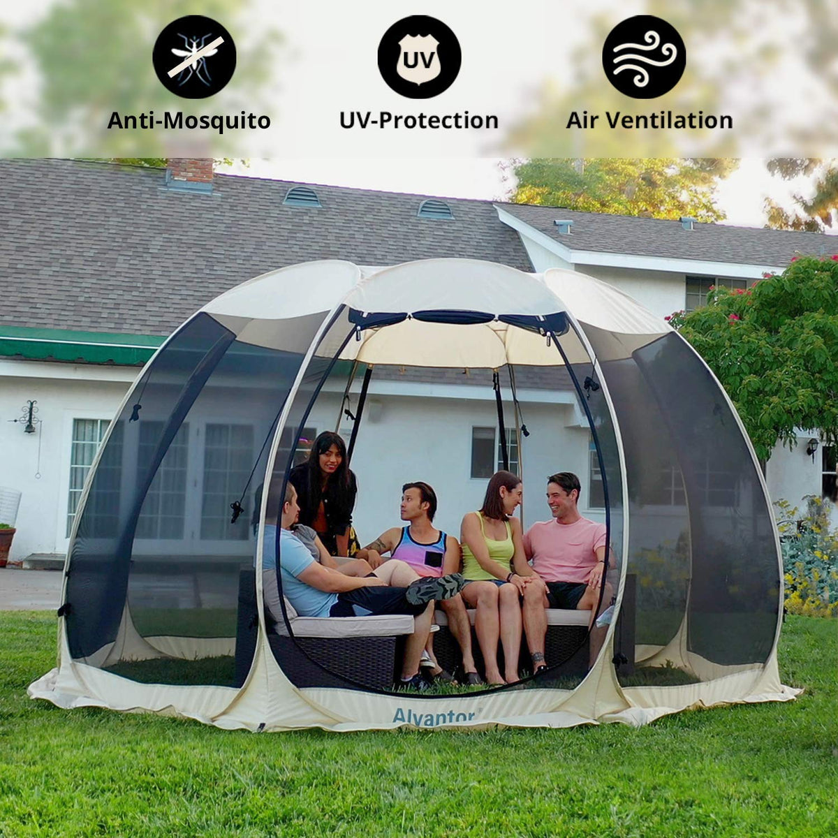 Alvantor® Screen House Room Camping Tent Outdoor Canopy Pop Up Sun Shade Shelter 8 Mesh Walls Not Waterproof Beige 12'x12' Patent Pending