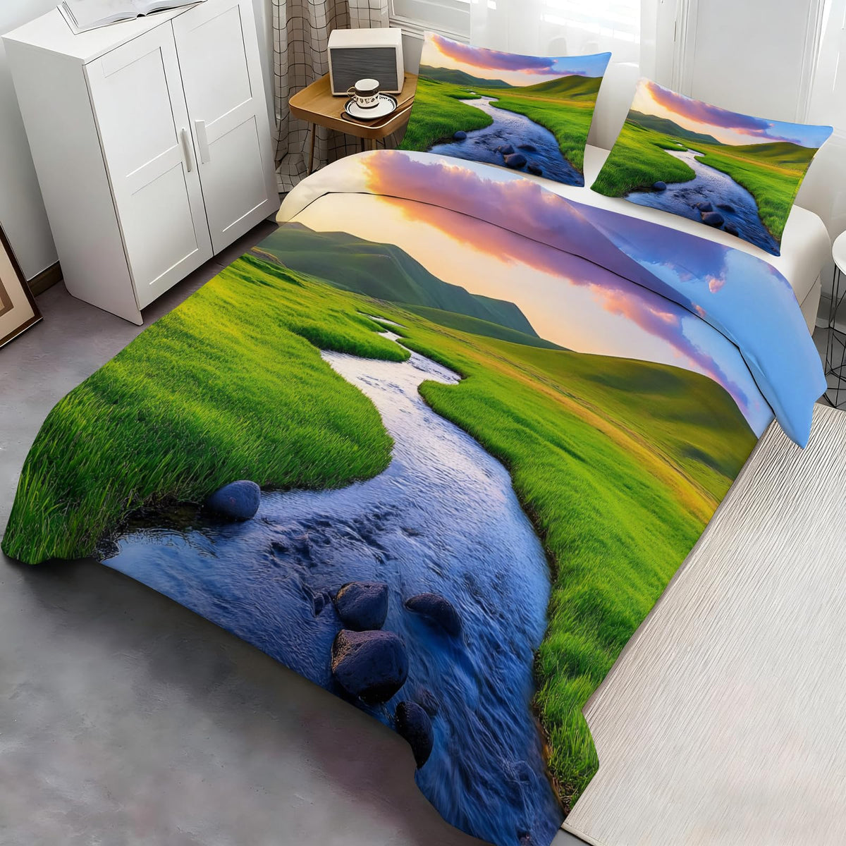 Grassland Comforter Cover 80" x 90", Green Prairie Bedding Full Size, Spring Landscape Duvet Cover with 2 Pillowcases