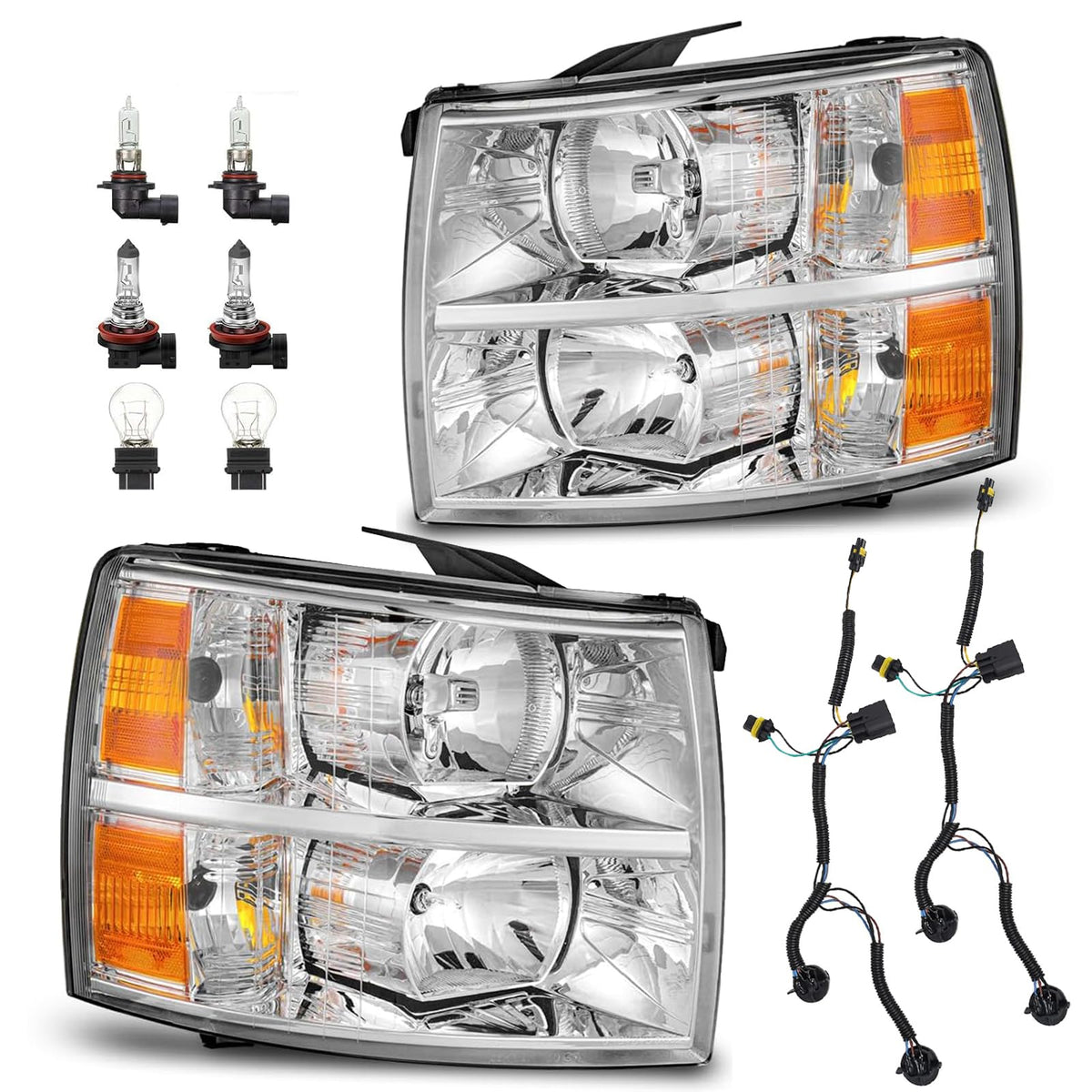 Pair of Chrome Housing Headlights Compatible with 07-13 Silverado 1500/07-14 Silverado 2500 3500 & HD Halogen Head Lights, OE-Style Headlamp Replaces GM2502280 GM2503280, with Bulb & Wiring Harness