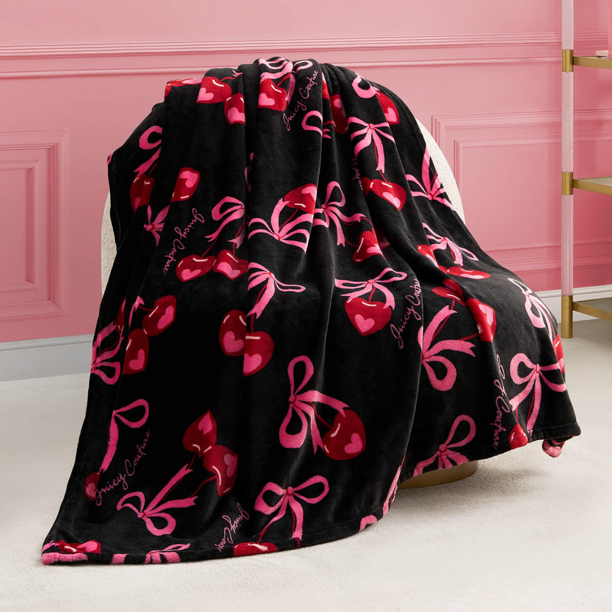 Juicy Couture Sweet Cherry Bows 50" x 70" Plush Throw Blanket, Black - Decorative Blankets for Sofas, Throws for Chairs, and Beds