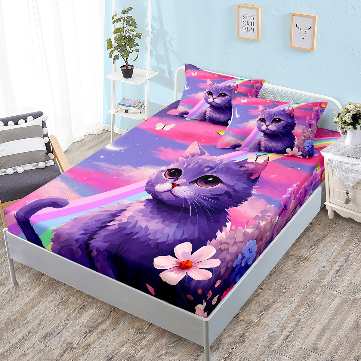 HOSIMA Cat Rainbow Floral Fitted Sheet, Kawaii Toddler Bedding Set for Girls Teens Room Decor Aesthetic, Purple Twin Sheet Set With 2 Pillowcases