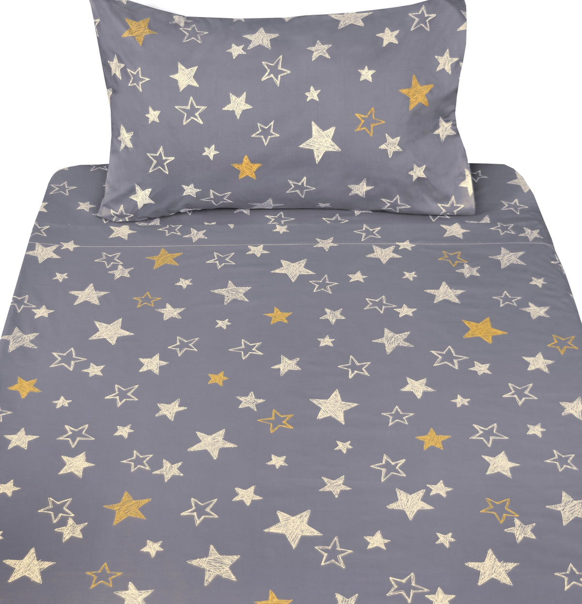 J-pinno Twinkling Stars Yellow Silvery Grey Hand Drawn Cute Cartoon 100% Cotton 3 Pieces Twin Sheet Set for Kids Boys Children Flat Sheet + Fitted Sheet + Pillowcase Bedding Decoration Gift Set
