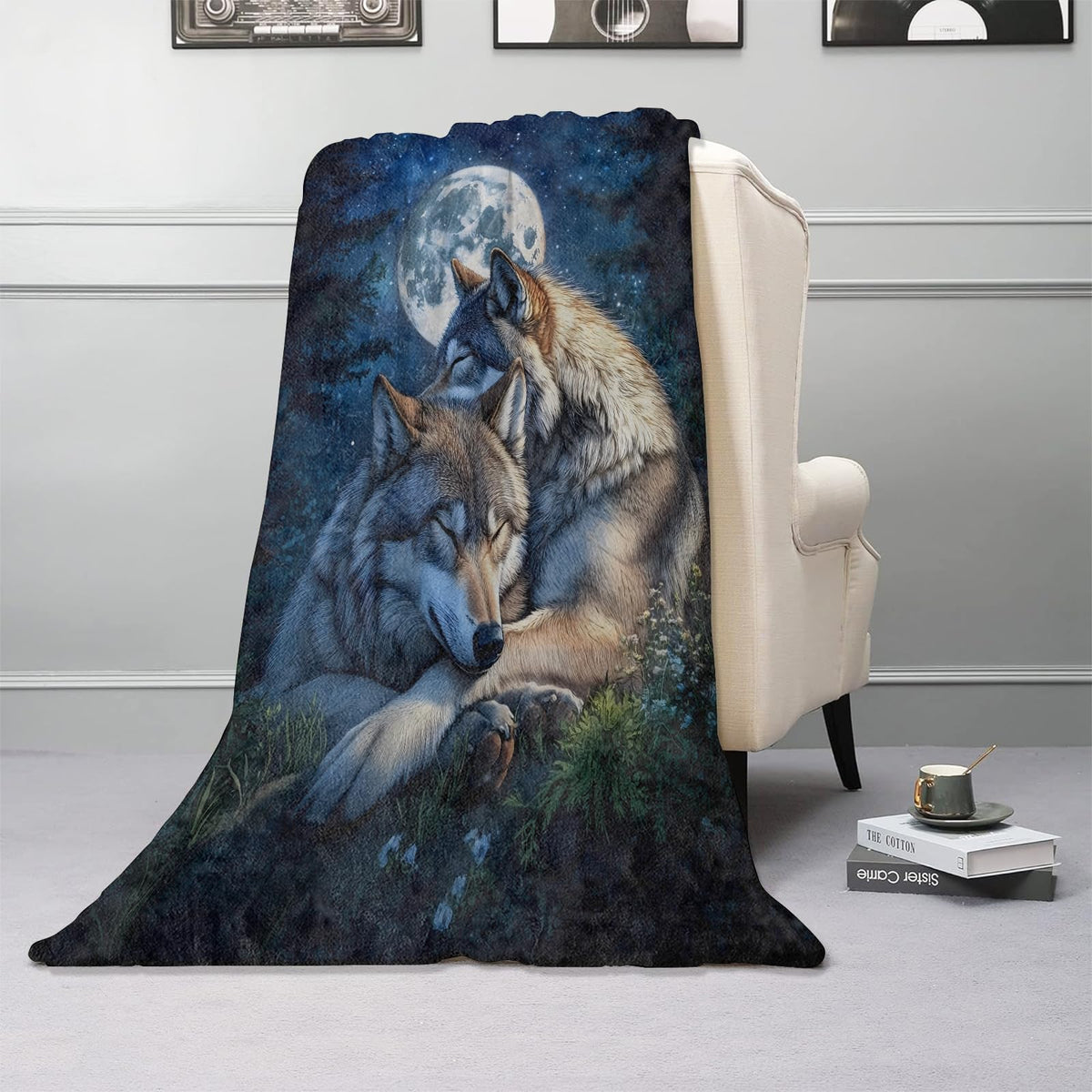 Kibue Sleeping Wolf Blanket - Soft & Cozy Warm Flannel Throw, Full Moon Design - Lightweight Plush Blankets for Travel, Sofa, Bedroom, Office - Gifts for Women Adults Kids - for All Seasons 60"×50"