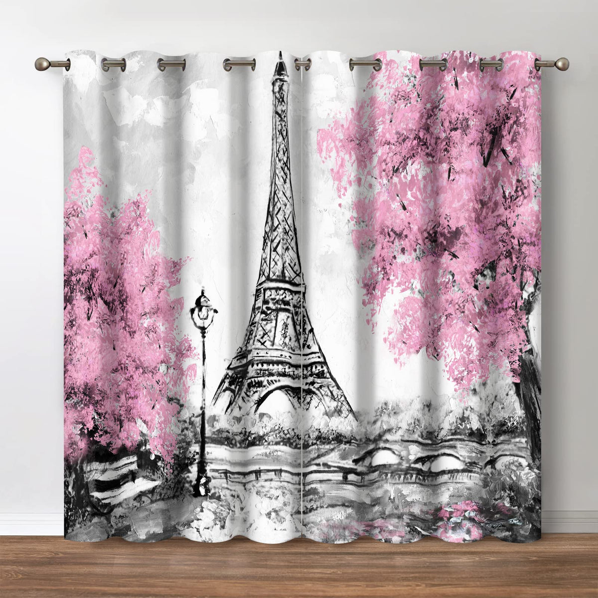 Jekeno Paris Eiffel Tower Blackout Curtains European City Scenery Pink Tree Black White Street Lights Print Decor Bedroom Living Room Darkening Grommet Window Drapes 2 Panel Set, 52"x 84"
