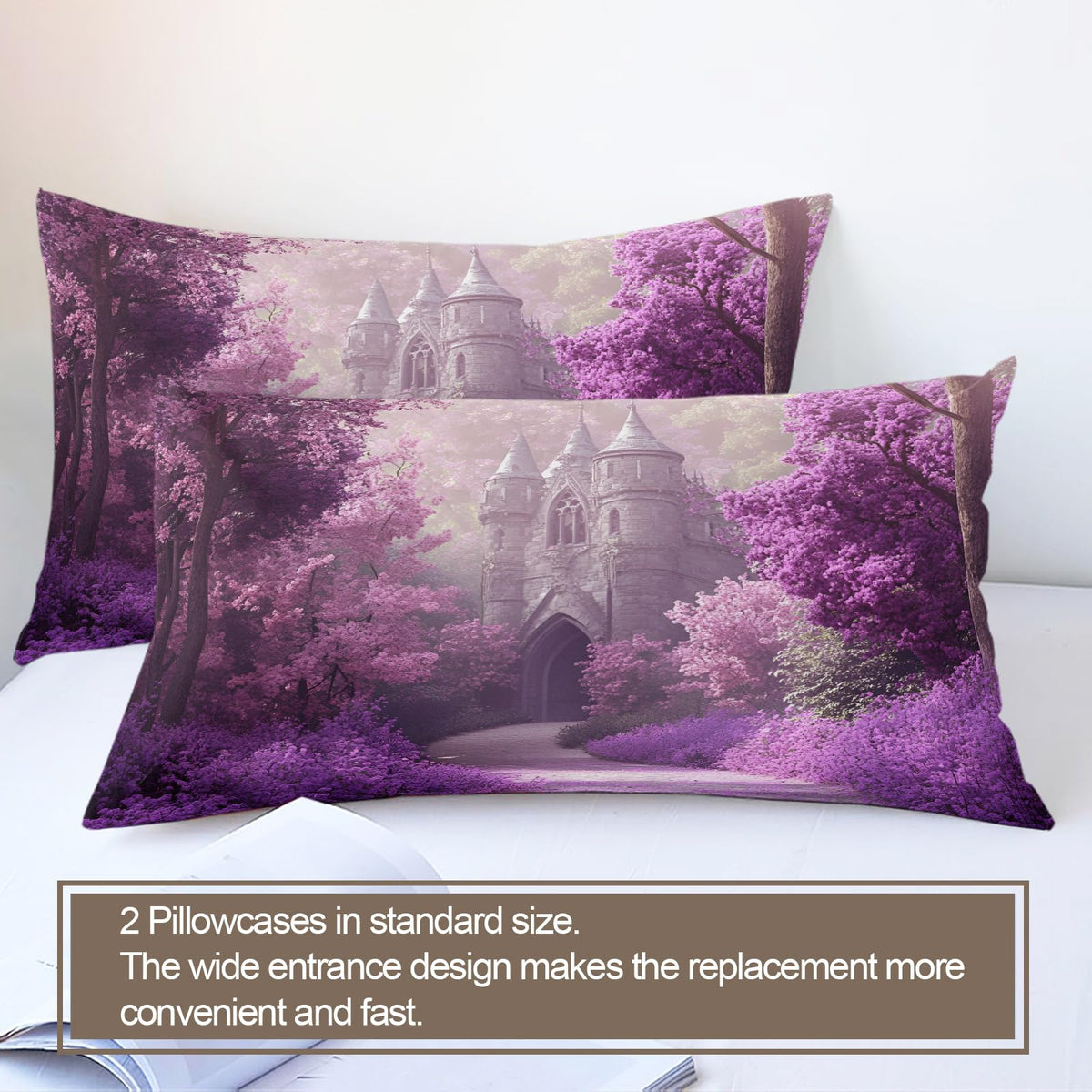 PAISUOQ Girl Duvet Cover, Fantasy Castle Bedding & Duvet Cover King, Mysterious Purple Comforter Set with Zipper, 3 Pieces with 2 Pillowcases, Bedroom Decor & Gifts