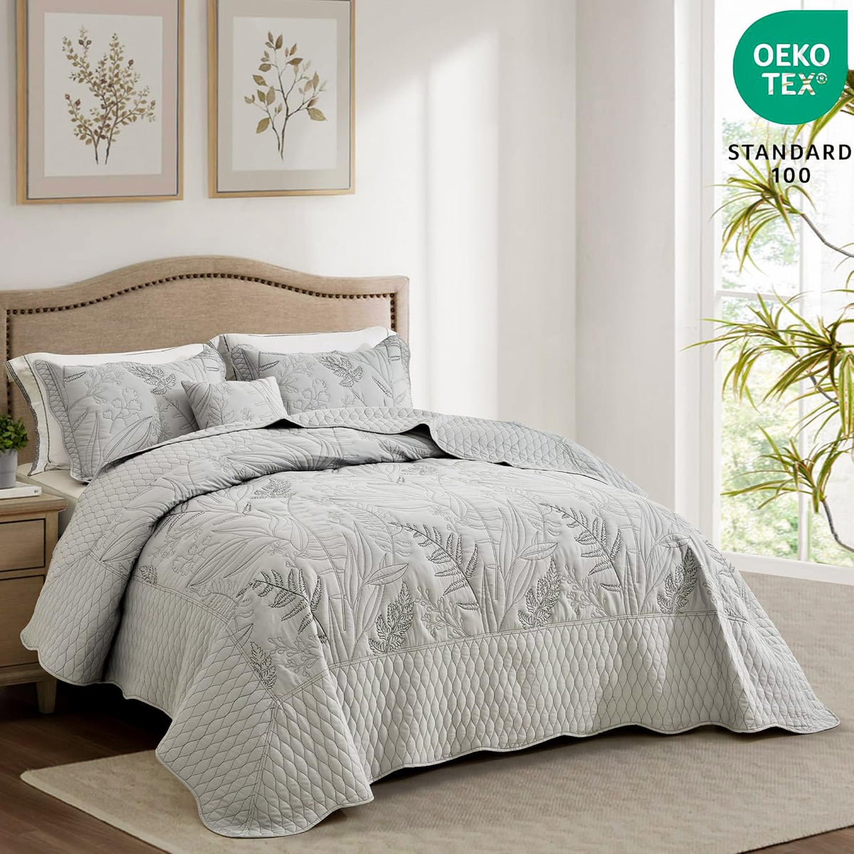 DaisyHuang Botanical Oversized Bedspread Queen Size - Leaves Pattern Stitching Quilt Set - Elegant & Fresh Style Bedding Coverlets, Reversible, Lightweight, 5 Piece, Grey