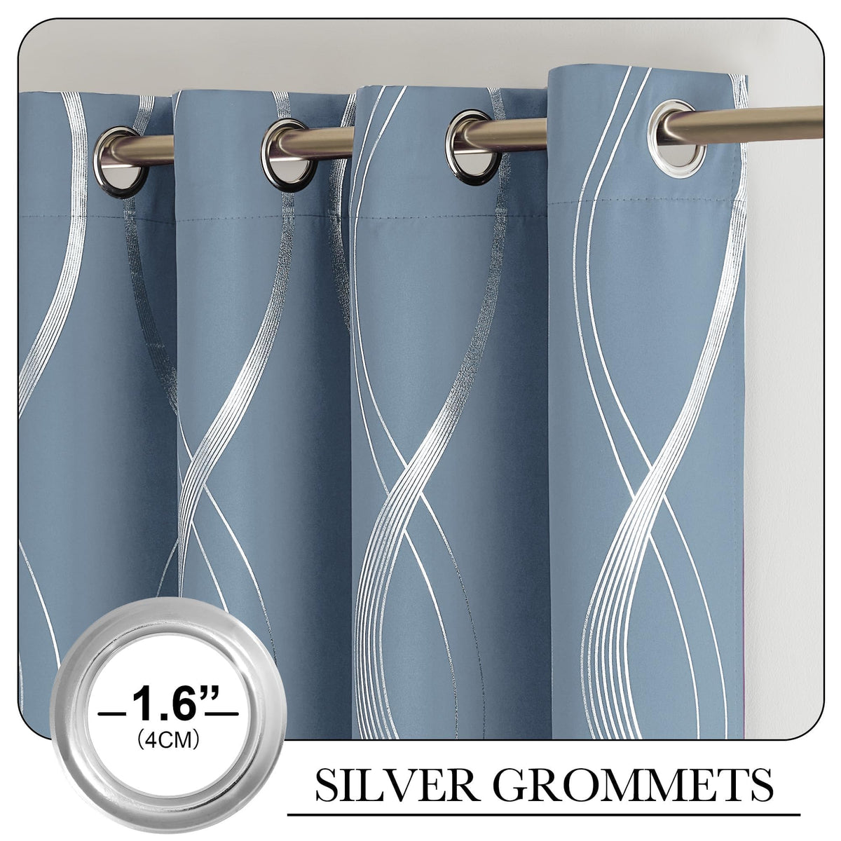 NICETOWN Dusty Blue Patterned Stripe Curtains for Bedroom and Patio, W52 x L84 inch, Wave Line Foil Print Design Morden Home Decor Room Darkening Drapes Room Divider, 2 Panels