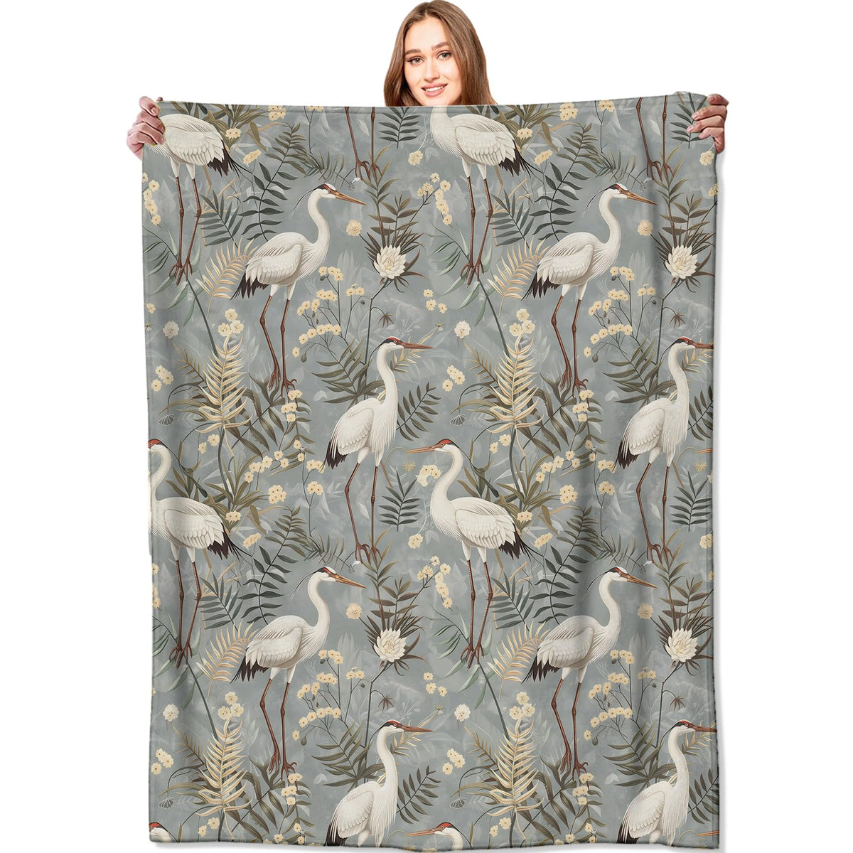VODRM White Crane Blanket Cute Bird and Foliage Throw Blankets,Birthday Gifts for Kids Girls Boys,Lightweight Soft Fleece,Nature Wildlife Lovers,Sofa Couch Bed Room Elegant Decor 50x60in