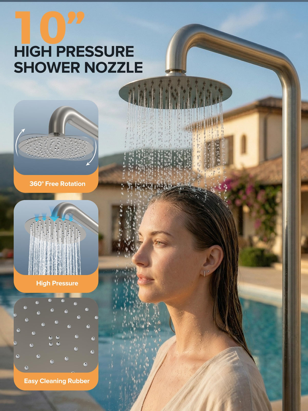WCQQ 316 Stainless Steel Outdoor Floor Shower with 3 Functions, Brushed Nickel Freestanding 10" Headshower & Handheld Shower for Backyard Patio Relaxation/Easy Garden Clean